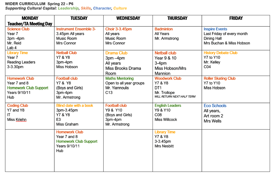 Extra curric timetable week 1 spring 22